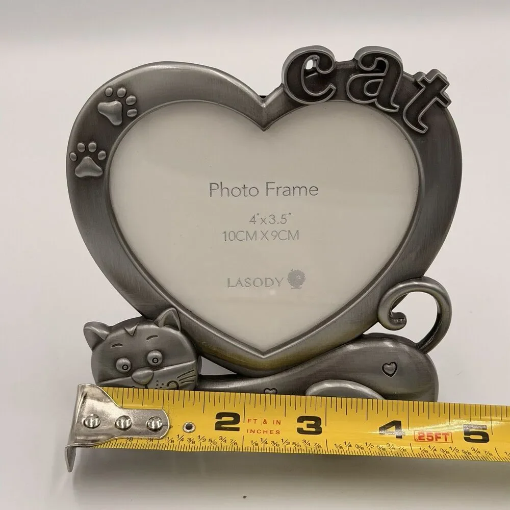LASODY Cat Picture Frame Heart 4x3.5 Silver Tone Paw Prints Kitty Pet Decor
